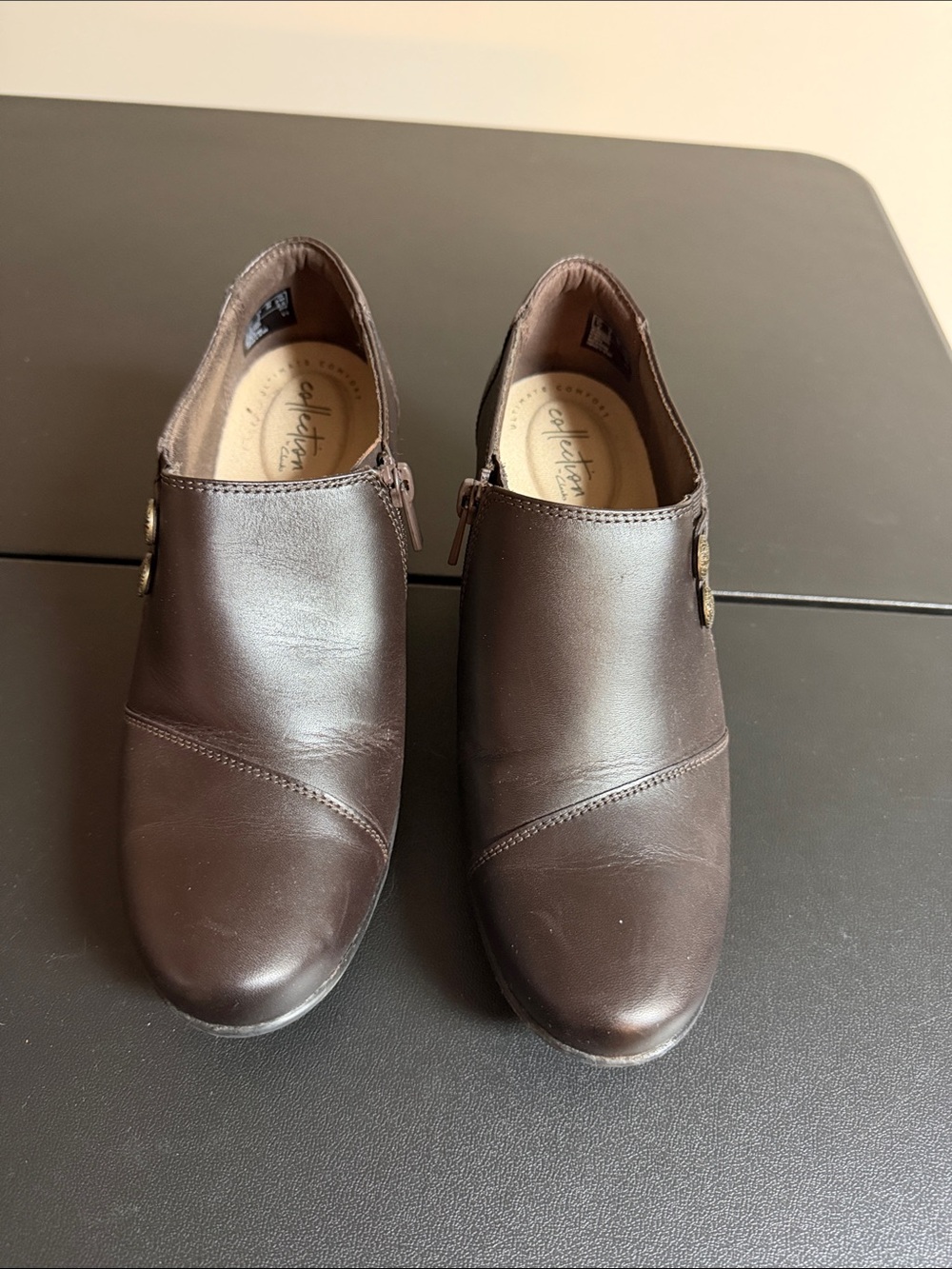 Clarks Women’s Dark Brown Leather Slip-On Loafers with Side Zip
